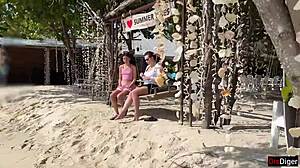 stepmom and stepdaughter flash risky public beach cum facials