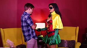 Robin cosplay femdom teases with intense ass worship session