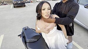 Cheerleader flashes skirt bent over motorcycle for big black cock pounding