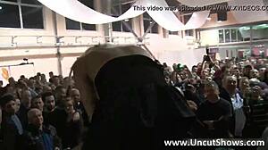 filthy blonde slut fingers shaved pussy outdoors!