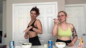 huge tall girl mukbangs eats big then burps loud