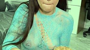 Stuff junk food between my big ass tits and pigtails, spit it all over!