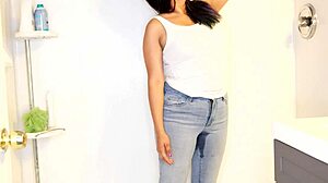 Latina wets panties, strips jeans, and showers messy