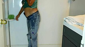 Latina wets panties, strips jeans, and showers messy
