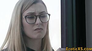 Blonde babe fingers her wet pussy close-up