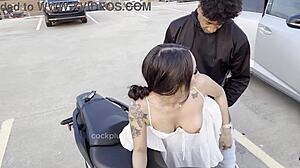 Cheerleader flashes skirt bent over motorcycle for big black cock pounding