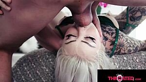 inked blonde deepthroats big cock balls pov