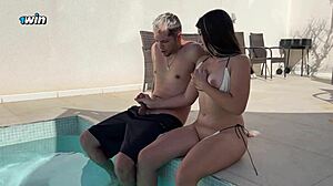 step sis sneaks risky pool handjob on bro till he explodes everywhere