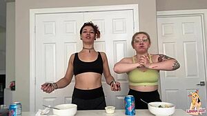 huge tall girl mukbangs eats big then burps loud