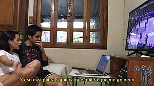 Brazilian milf gives handjob to monster cock during game subtitled