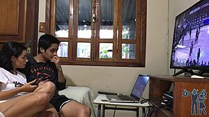 Brazilian milf gives handjob to monster cock during game subtitled