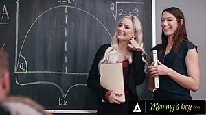 teacher caught by lesbians offering sloppy threesome suck and fuck?