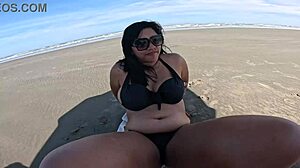 Couple's hairy wife humiliates cuckold with public beach fucking