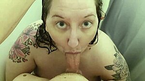 Horny Wife's Shower BJ Swallows Young Stud's Cum Load