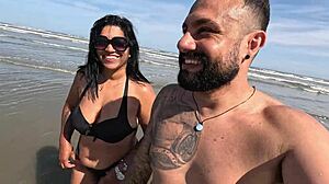 Couple's hairy wife humiliates cuckold with public beach fucking