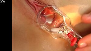 Euro blonde natural babe solo masturbates squirts milk speculum JO