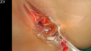 Euro blonde natural babe solo masturbates squirts milk speculum JO