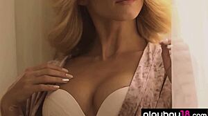 Skinny Ukrainian blonde Cara Mell strips sexy white lingerie teasing pussy