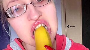 asmr bimbo tall glasses long nails eats huge banana pink lipstick fetish