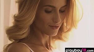 Skinny Ukrainian blonde Cara Mell strips sexy white lingerie teasing pussy