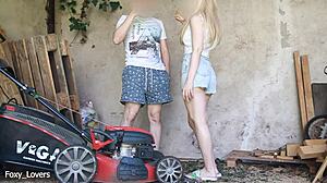 Cheating on husband with gardener in garage while he fixes mower