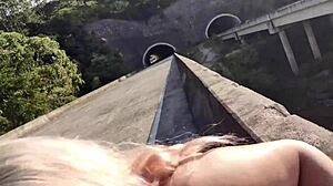 Blonde Milf Fucks Gaping Ass Doggystyle on Road Cumshot