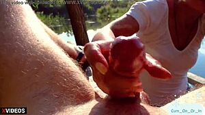 jerking stranger's cock for cash in public oiled up 😏💦🌳