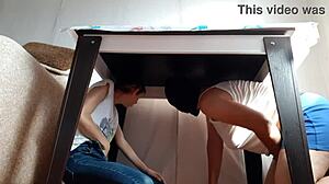 we're hiding under the table... fingering our wet pussies from stepparents! oops!!