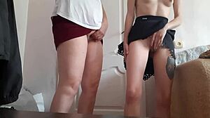 skinny student's miniskirt lifts for teacher's mutual orgasm rub