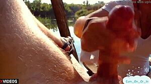 jerking stranger's cock for cash in public oiled up 😏💦🌳