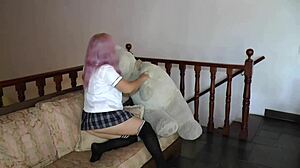 naughty college miniskirt slut bends over for bareback anal cum on big ass