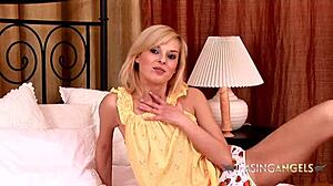 Blonde Cutie Wakes Strips Teases Shaved Pussy Masturbates Toy POV