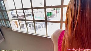 Big tits redhead prostitute shows off window ass fuck