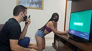 damn this hot brazilian housewife in tiny shorts teases the tv tech barefoot tan lines