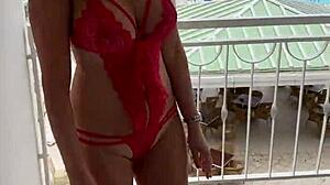 lisa in lingerie flashes tattooed wife tits on balcony