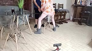 Caught slutty shaved babe dildo fucking kitchen