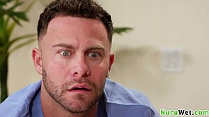 brunette masseuse sucks seth gamble during wet nuru session