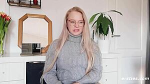 cute glasses blonde anna squirts hard fingering her shaved pussy