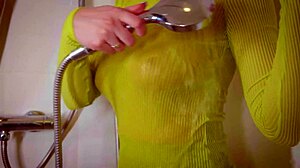 Wanna see this pornstar's wet tits in sexy clothes?