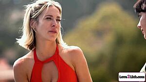 Shaved instructor tongues blonde babe poolside secretly