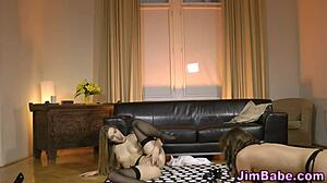 euro teen licks up creampie after british threesome