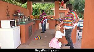 Petite Stepsis Fucked Hard While Blindfolded Stepdad Watches Orgy