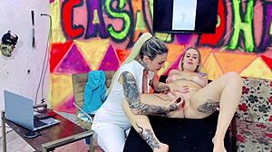 patricinha shows off pink pussy at tattoo studio and horny tattoo artists bang her hard right there