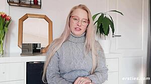 cute glasses blonde anna squirts hard fingering her shaved pussy