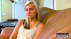 Petite Shaved Blonde Olyssia Bent Over Facial