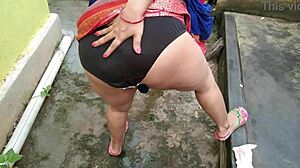 stepmom pees backyard, quickie ends with cum on her big tits