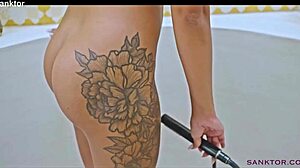 shaved lesbian fingers herself nude by tropic pool