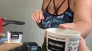 wife films cooking vids but flashes her swollen pussy online...