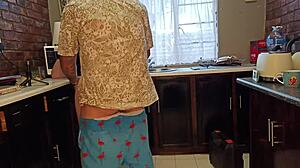 brunette milf gets horny teasing cum on big ass kitchen