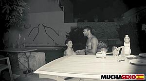 Tight Spanish MILF bent over poolside, fucked doggystyle by huge cock then rides cowgirl in outdoor orgasm frenzy.